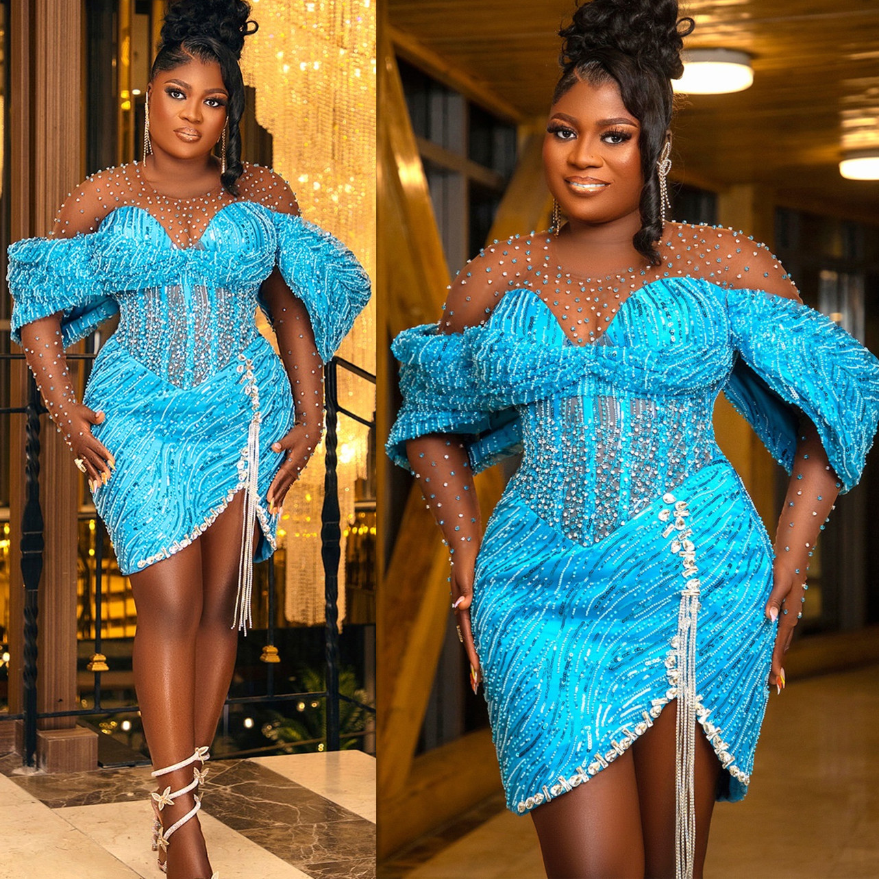 Chic Sky Blue Sheath Cocktail Dress Full Sleeves Sequined Lace Rhinestones Short Mini Graduation Homecoming Dresses For Special Occasions Sweetheart G