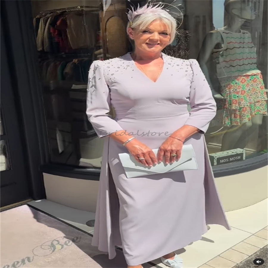 Modern Lilac Mother Of The Bride Dress With Sleeves Elegant V Neck Satin Short Wedding Guest Dress Beaded Vestidos De Fiesta Groom Mom Evening Party G