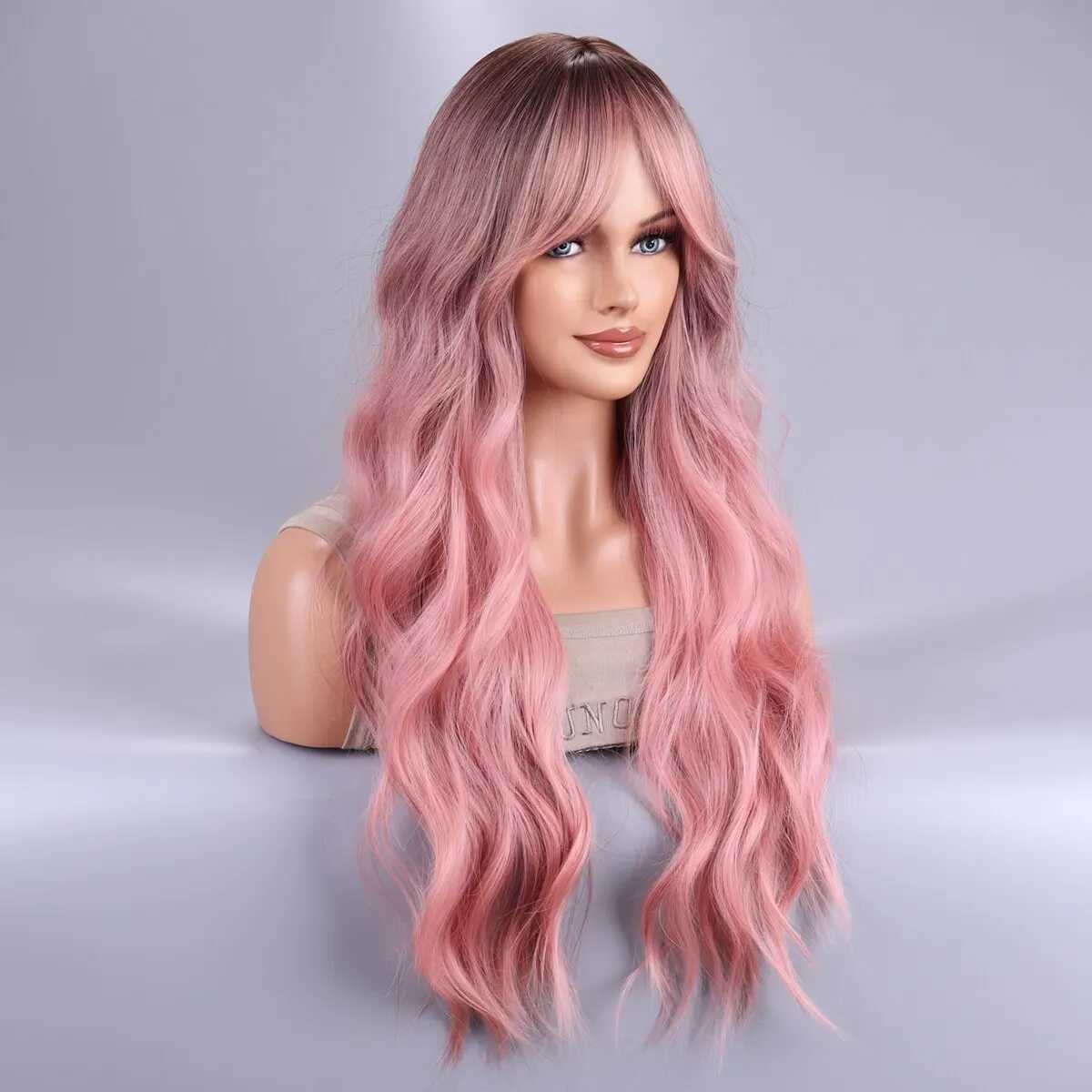 Long Body Wave Ombre Black Pink Cosplay Wigs Heat Resistant Synthetic Wigs Middle Part Natural Lolita Wigs For WomenXJ241008