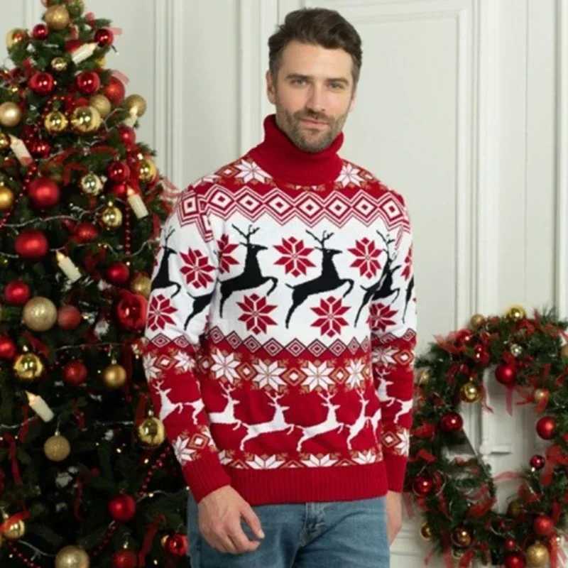 New Winter Womens Mens Parachute Christmas Match Sweater Warm Thick Turtle Neck Knitted Jacquard Flower Christmas Home Appearance W241008