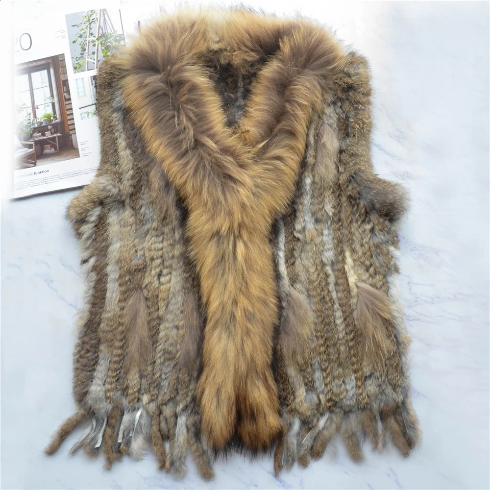 Womens genuine rabbit fur vest tassel coat raccoon fur collar jacket waist clothing wholesale direct 240924