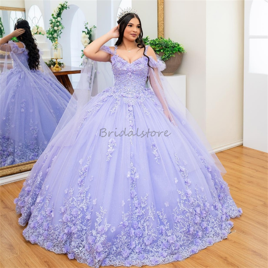Lavender Lilac Charro Quinceanera Dresses With Cape 2025 Elegant Spaghetti Straps 3D Florals Vestidos De 15 Anos Princess Appliques Lace Sweet 16 Dres