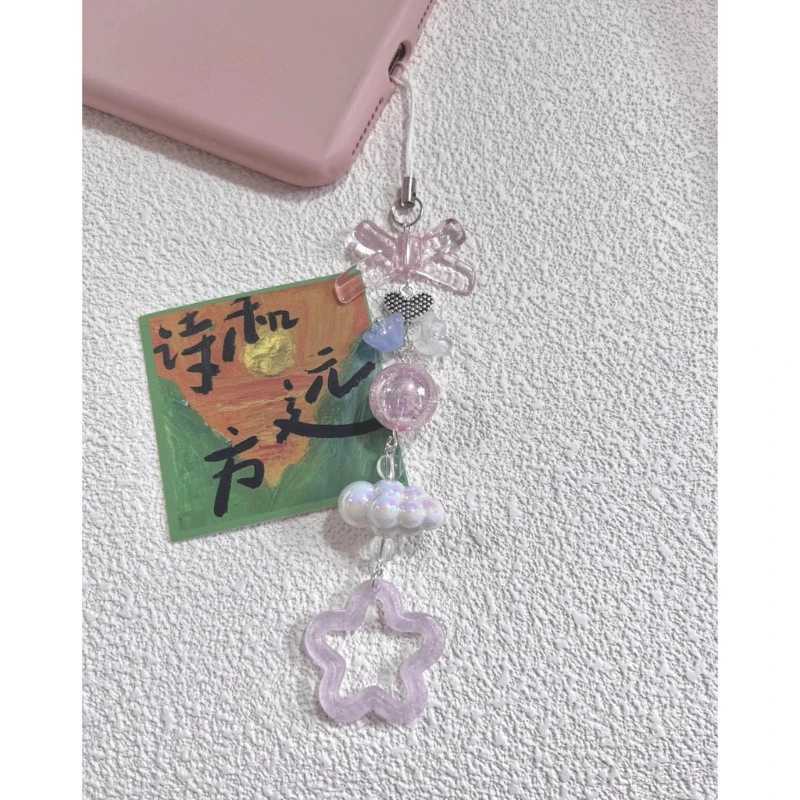 X6HE Phone Lanyard Wrist Strap Star Charm Keychain Bowknot Heart Phone Charm Antilost Y2K Cellphone Strap Hangings Cord WomenX241008