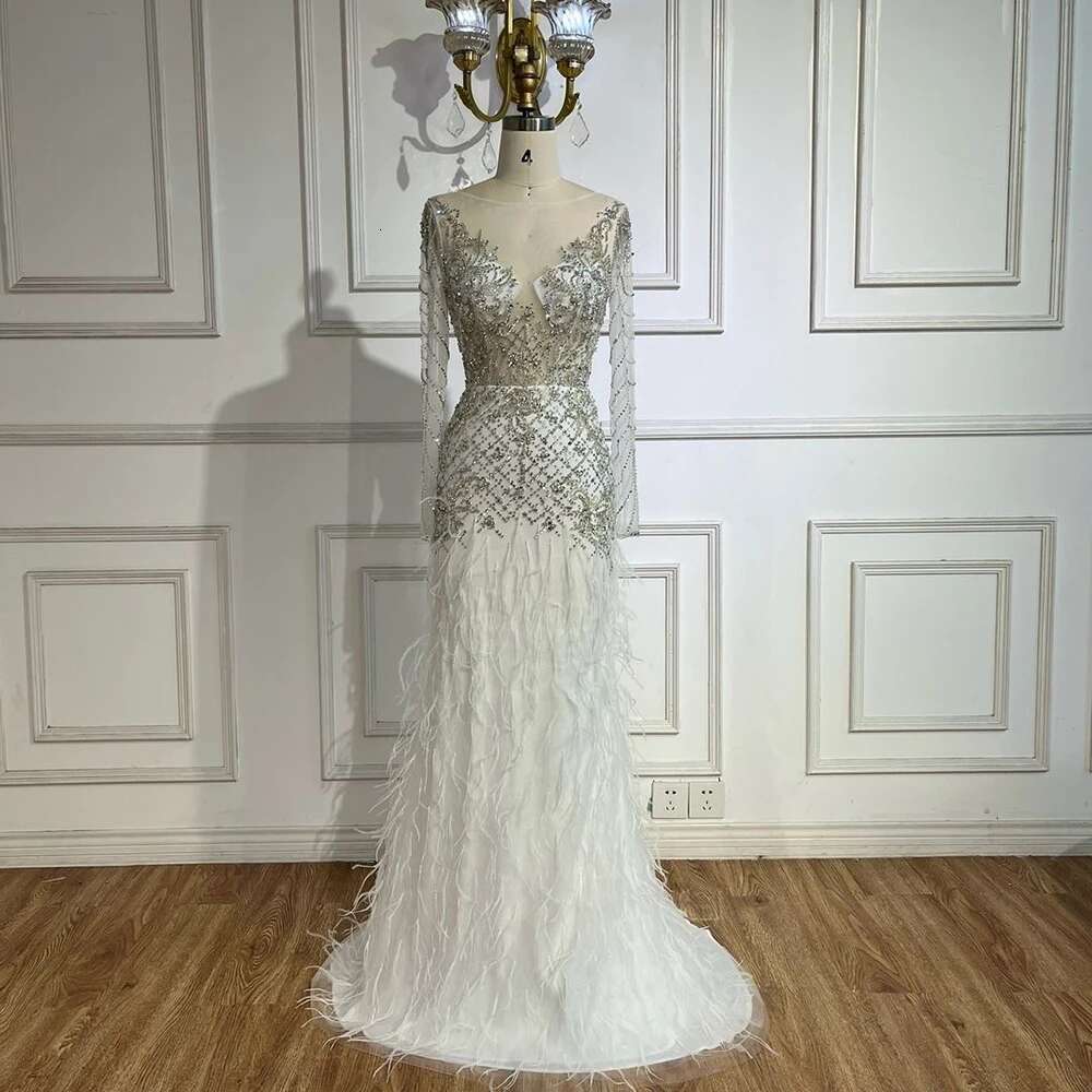 Serene Hill 2024 Arabic White Mermaid Dubai Evening Gown with Feathers Beaded Dress for Women's Party DLA72646