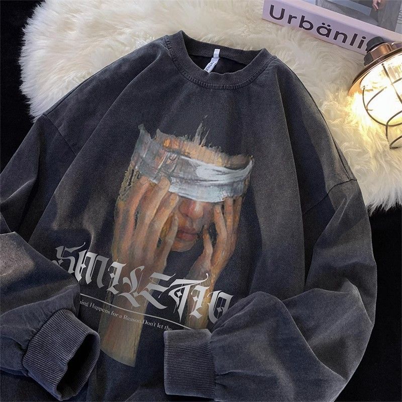 2024 New Designer Washed Retro American Long Sleeve Hoodie Suitable for Men Without Hats Autumn Trendy Brand High Street Oversized