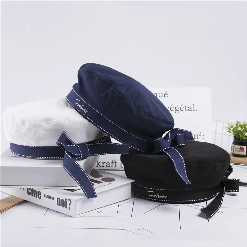 Womens Navy style Beret Sweet and Cute Bow Hat Cotton Outdoor Travel Gathering Together Female Painter Boina Hat 241007
