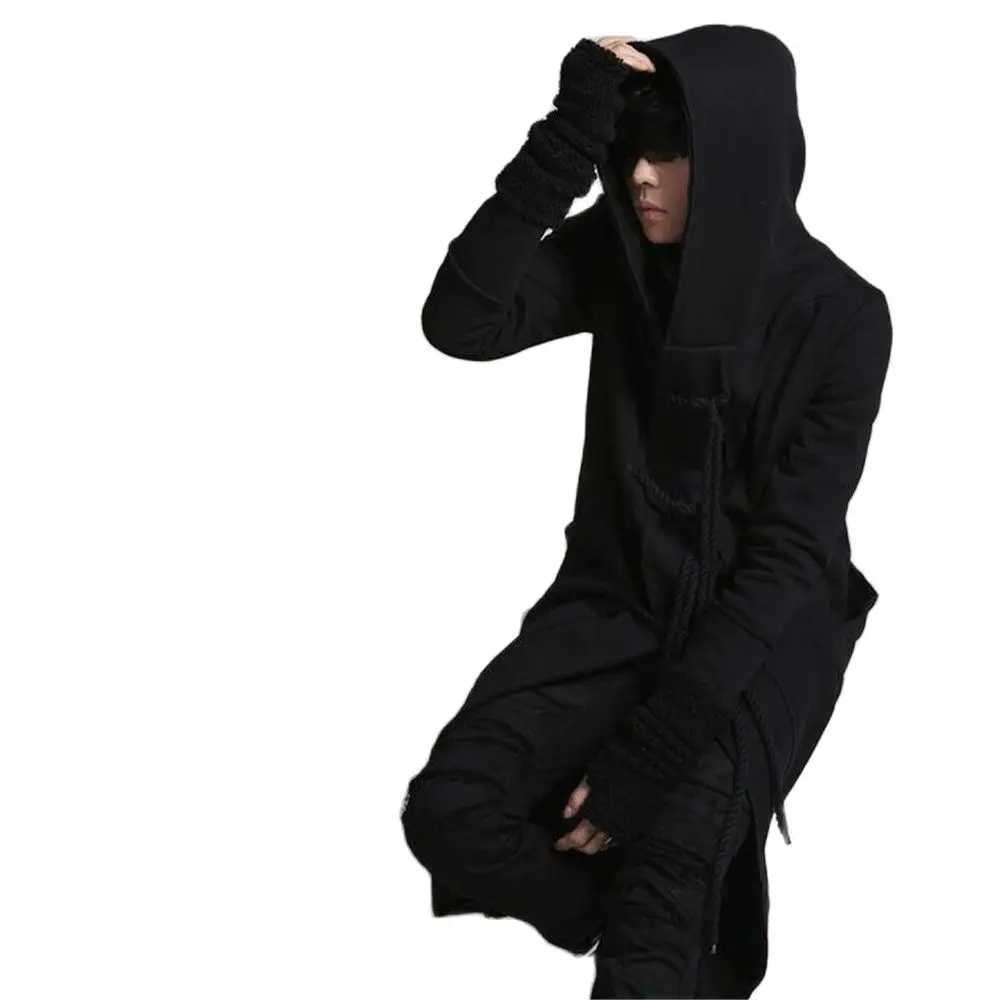 Autumn/Winter Mens Punk Hip Hop Slimming Long Trench Coat Hoodie Cardigan Mens Linen Rope Design Gothic Jacket Coat W241007