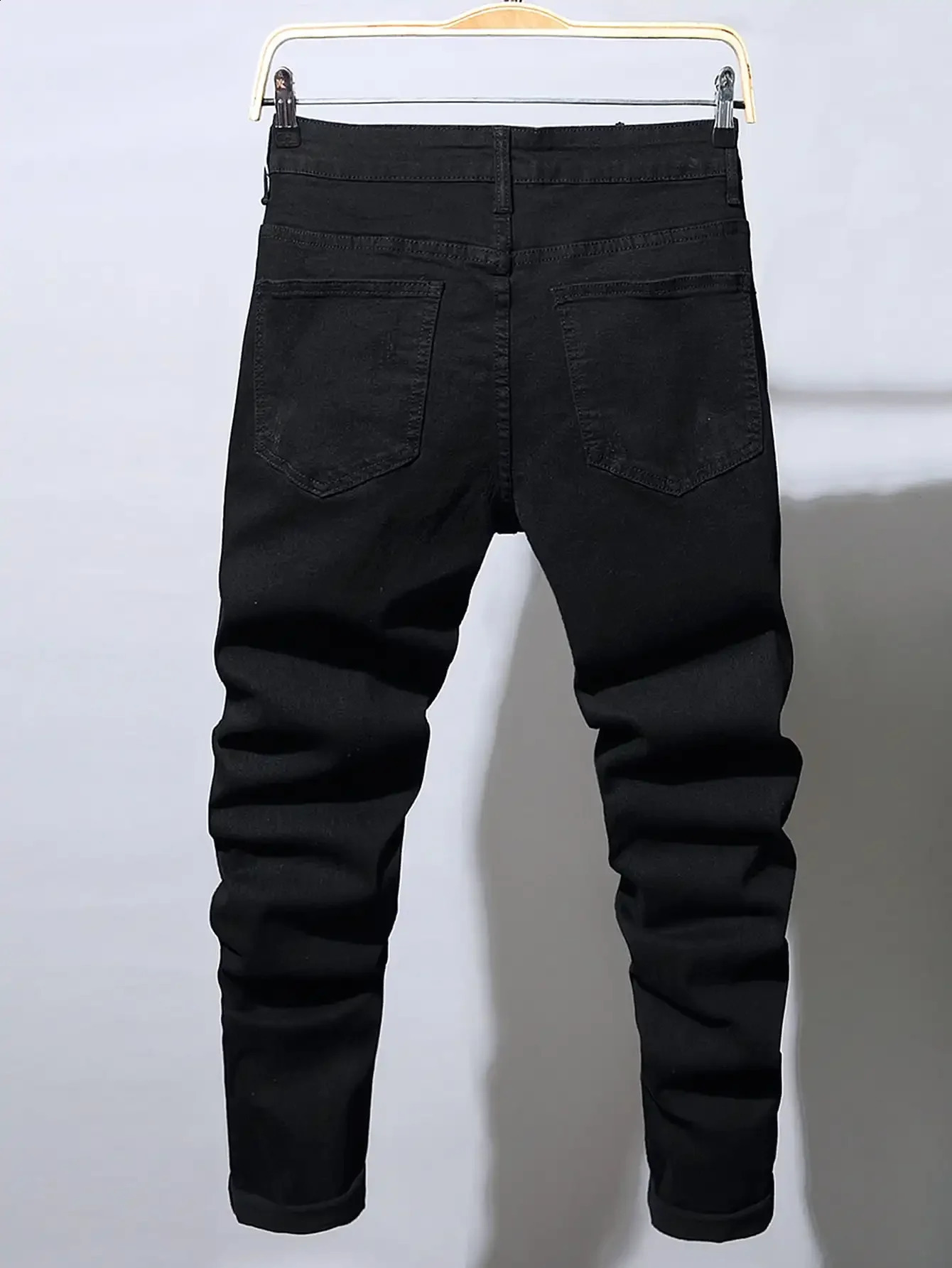 Mens ultra-thin bicycle torn long denim Trouser tight jeans pockets for young people jogging pants destroyed stretch black pants 241008