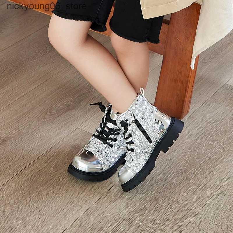Boots 2024 Autumn New Girls Ankle Boot Sequins Versatile Kids School Black Boots Fashion Causal Children Leather Boots soft sole L240910
