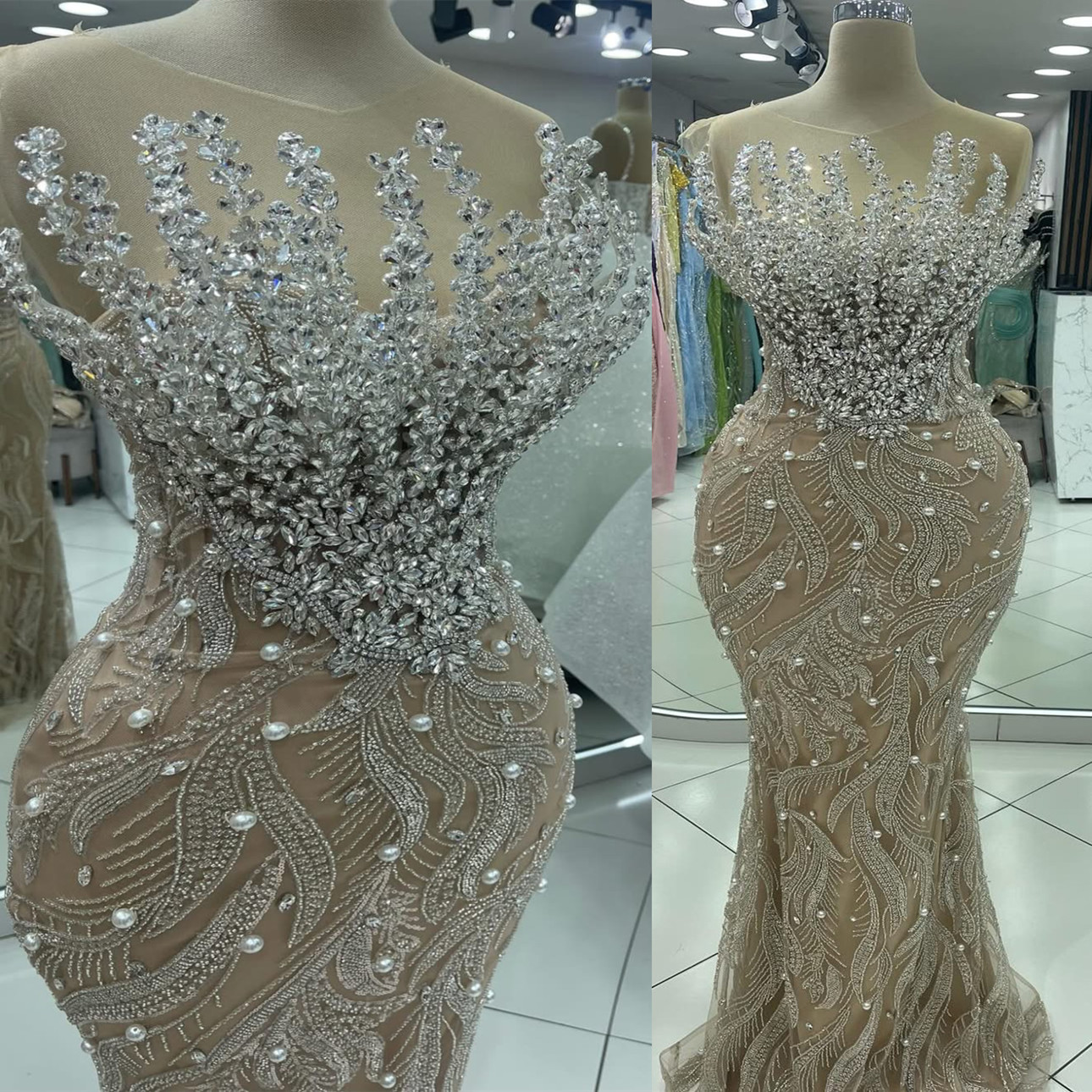 Aso Ebi 2025 Champagne Mermaid Prom Dresses Illusion Rhies Pearls Evening Formal Party Second Reception Birthday Gowns Dress For Special Ocns