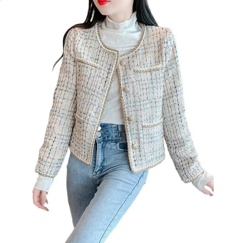 Elegant Petite Cropped Coarse Tweed Top 2024 Spring Style Womens Jacket Crew Neck French Tweed Style For Fashion 241008