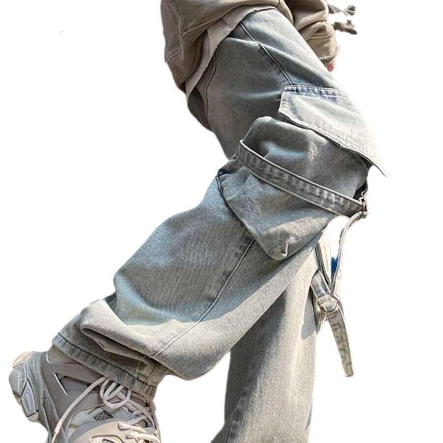 American High Street Multi Pocket Workwear Jeans For Men In Autumn And Winter, Oversized Loose Straight Leg Wide Leg Men's Pants, Trendy Men'