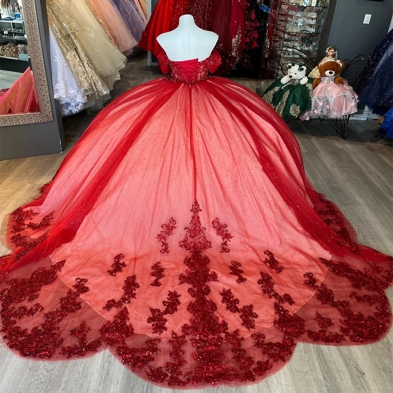 Red Shiny Quinceanera Dresses Off the Shoulder Lace Applique Beads Tulle Ball Gown Birthday Party Sweet 16 Dress Vestidos De 15 Anos