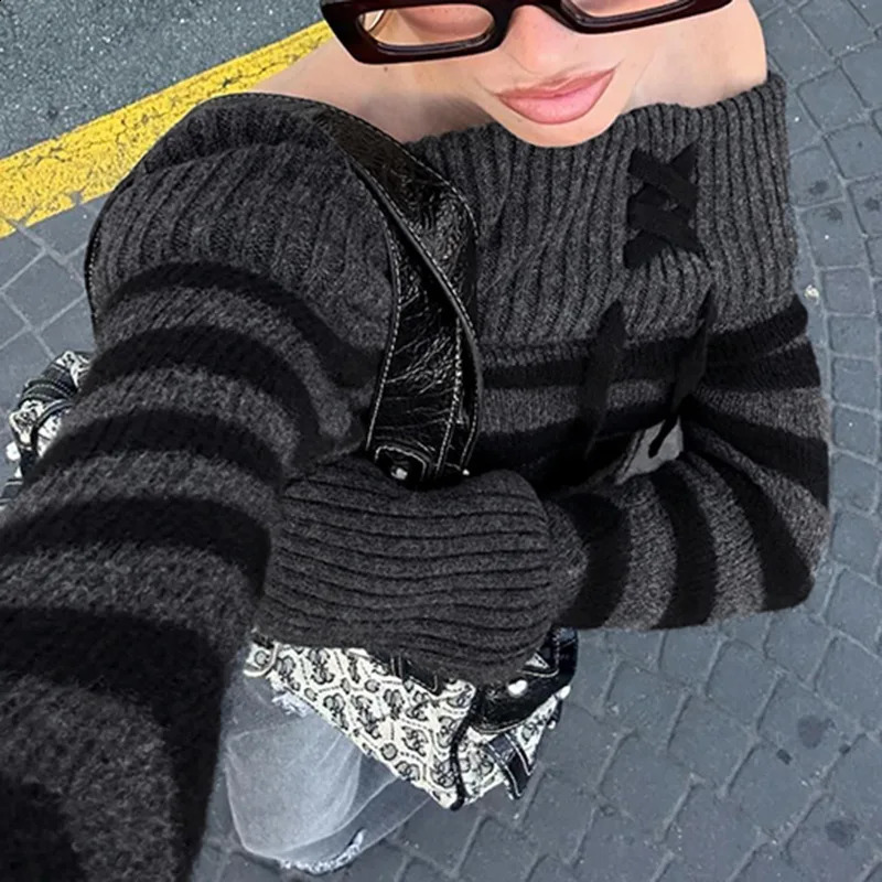 Y2K black striped sweater shoulder knit sweater ultra-thin slim fit top for women winter womens black gray sweater 240927