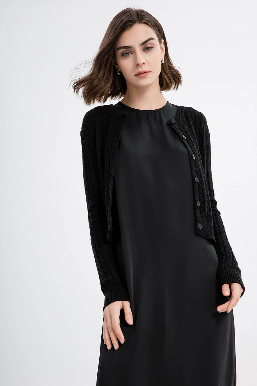 AS woman clothes maxi satin dress knitted rib cable cardigan Autumn Winter collection 240924