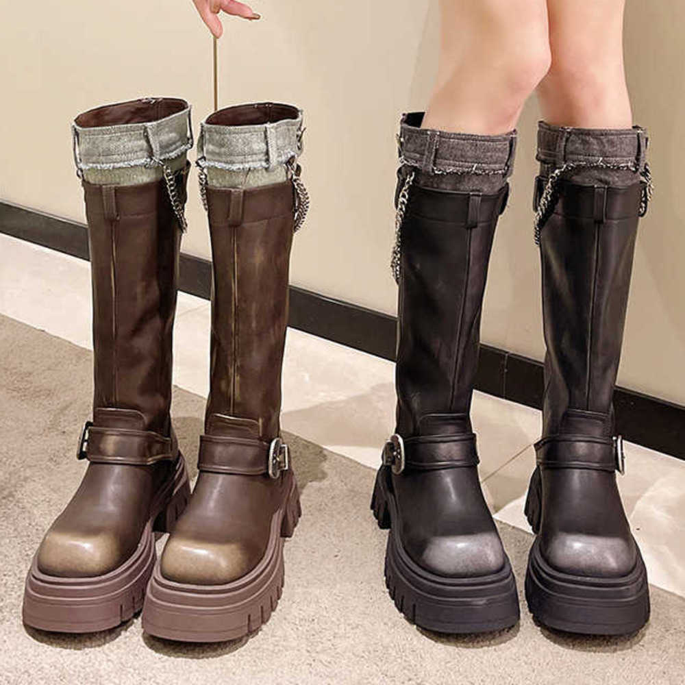 Brown Knee Thick Martin Boots Soled Women Boots Leather Long Fashion Boots Autumn Model Slim Tall Knight Boots 240826