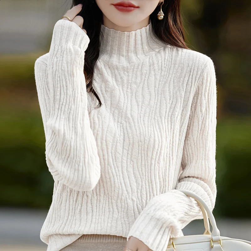 Turtleneck Sweater Womens Long Sleeve Knitted Fashion Agent Stripe Ultra Thin Autumn Winter Plain Collar Zipper 241007