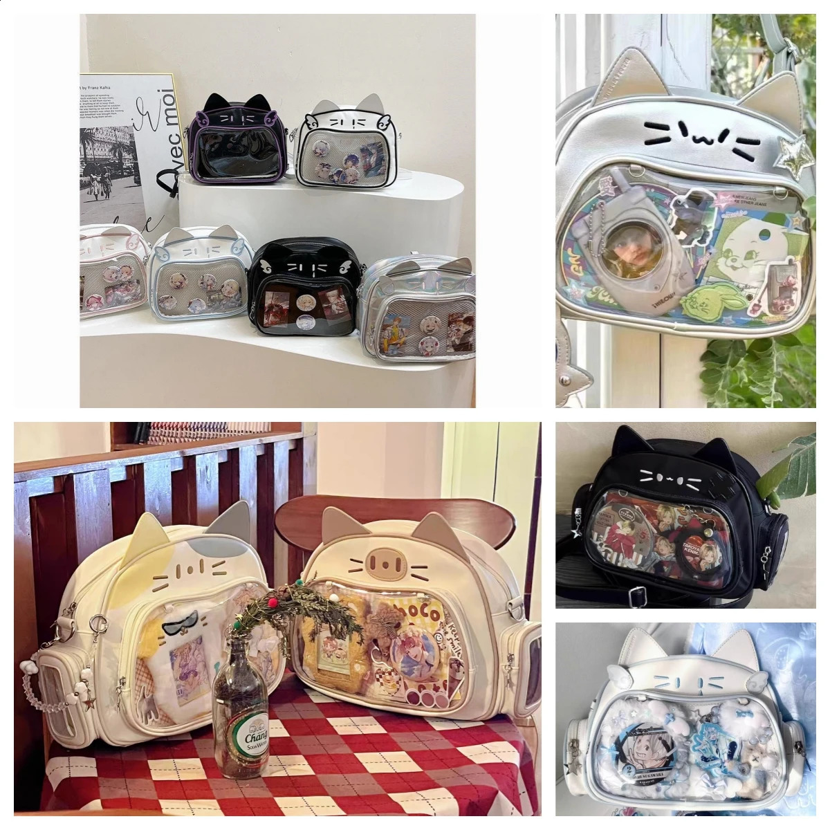 Y2K Ita Bag Cat PU Backpack Foldable Adjustable Straps Safe Zipper Cute Preparatory Style 241008