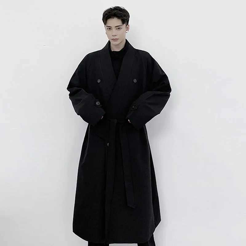 Mens Irregular Double breasted Trench Long Coat with Belt 2022 Autumn/Winter New Loose and Elegant Windproof Machine W241007