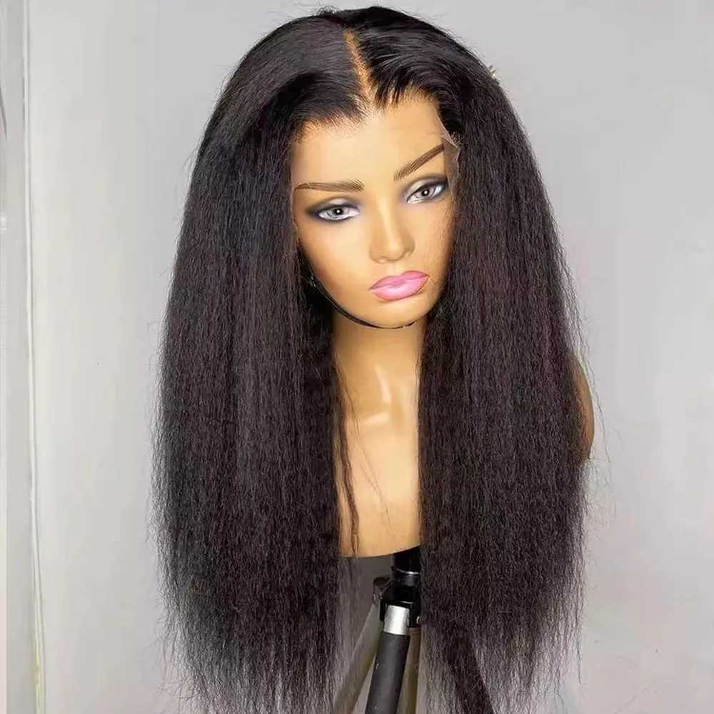 Yaki Kinky Straight Natural Black Color 13X4 Transparent Lace Frontal Synthetic Wig For Women Hairline Preplucked Cosplay DailyXJ241008
