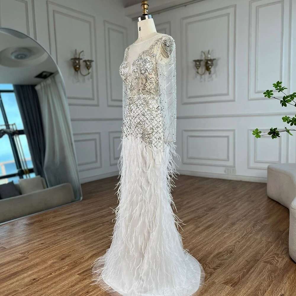 Serene Hill 2024 Arabic White Mermaid Dubai Evening Gown with Feathers Beaded Dress for Women's Party DLA72646