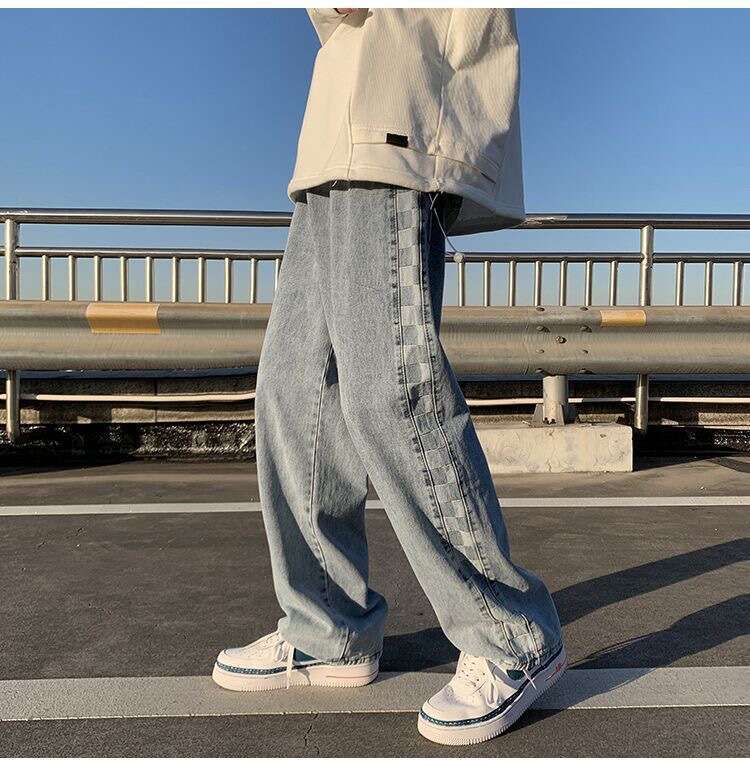 American High Street Jeans For Men In Autumn, With A High-End Feel. Side Row Checkered Straight Leg Pants With Trendy Design. Plaid Wide Legs Eff