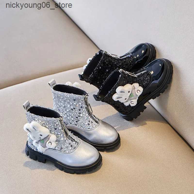 Boots 2024 Children Leather Shoes for Girls Autumn New Fashion Cute Rabbit Soft Anti-slippery Glitter Versatile Front Zip Short Boots L240910
