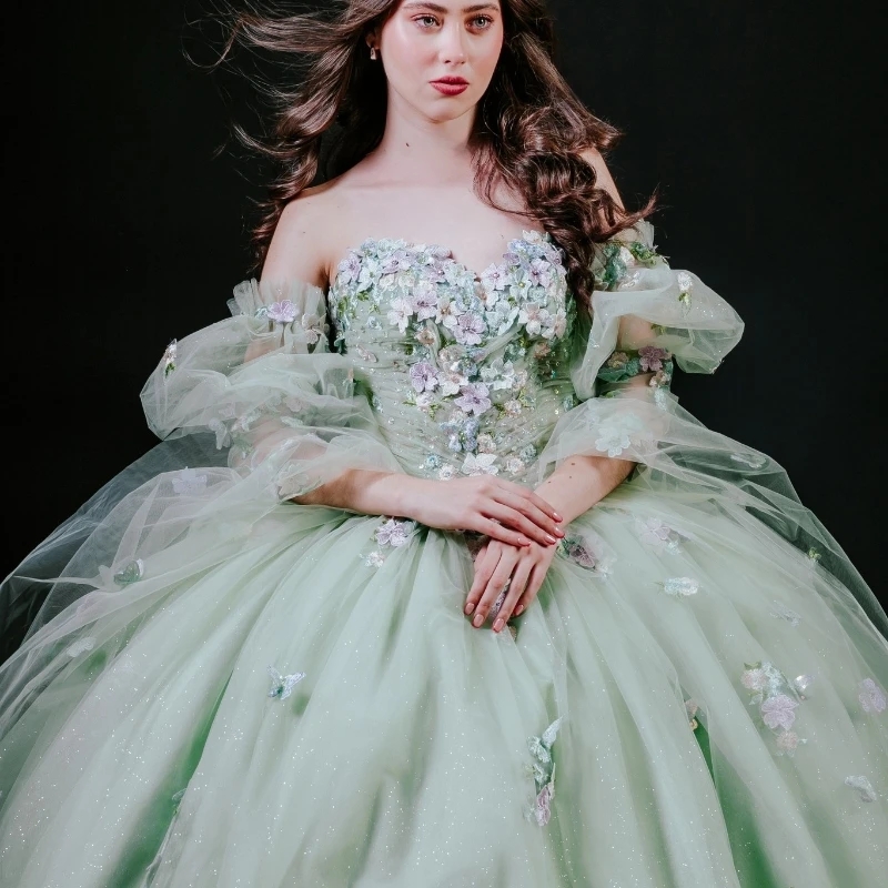 Light Green Quinceanera Dresses Sweet 16 Year Ball Gown Off the Shoulder Applique Lace Tull Birthday Party Dress Vestidos De 15 Anos