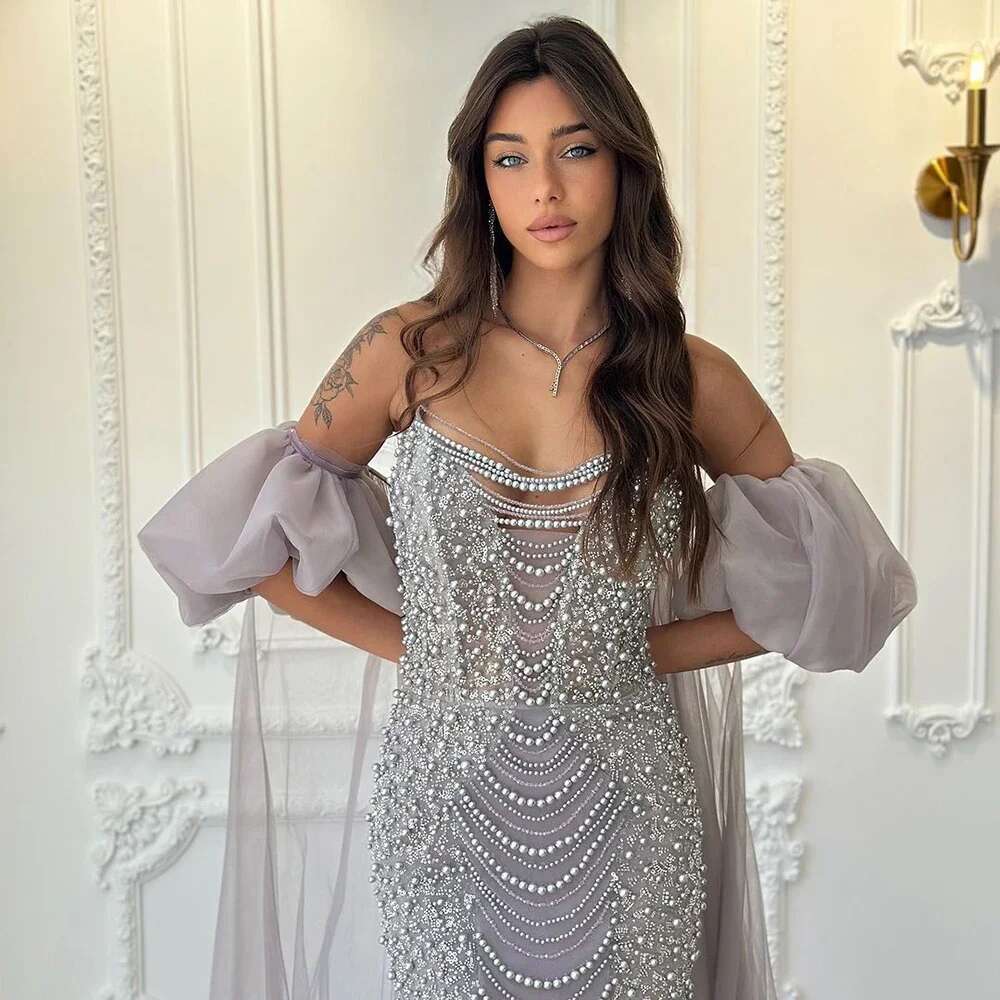 Serene Hill 2024 Lilac Evening Gown Vintage Half Puff Sleeve Dress with Cape Jacket Beaded Pearls for Women's Party GLA72653