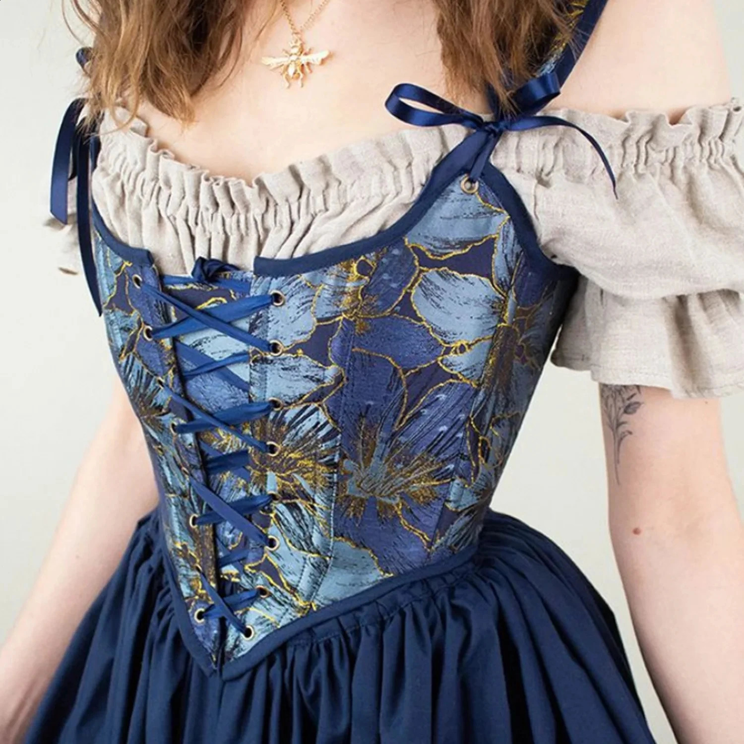 Womens tight corset French retro corset corset vest lace upper bone push up body blue gold lace 241007