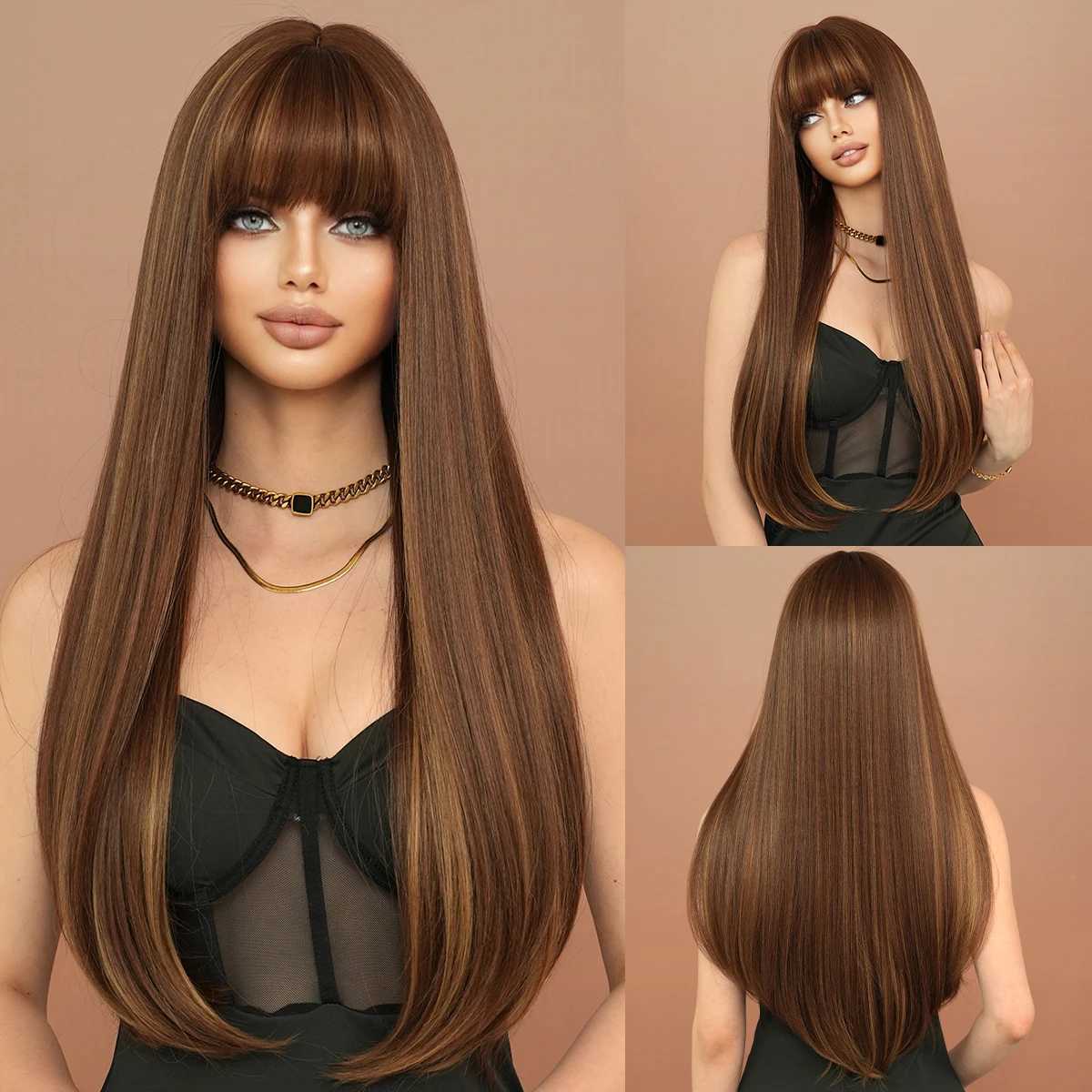 NAMM Dark Brown Long Straight Wig For Woman Daily Party Cosplay Blone Highlights Natural Synthetic Wig With BangsXJ241008