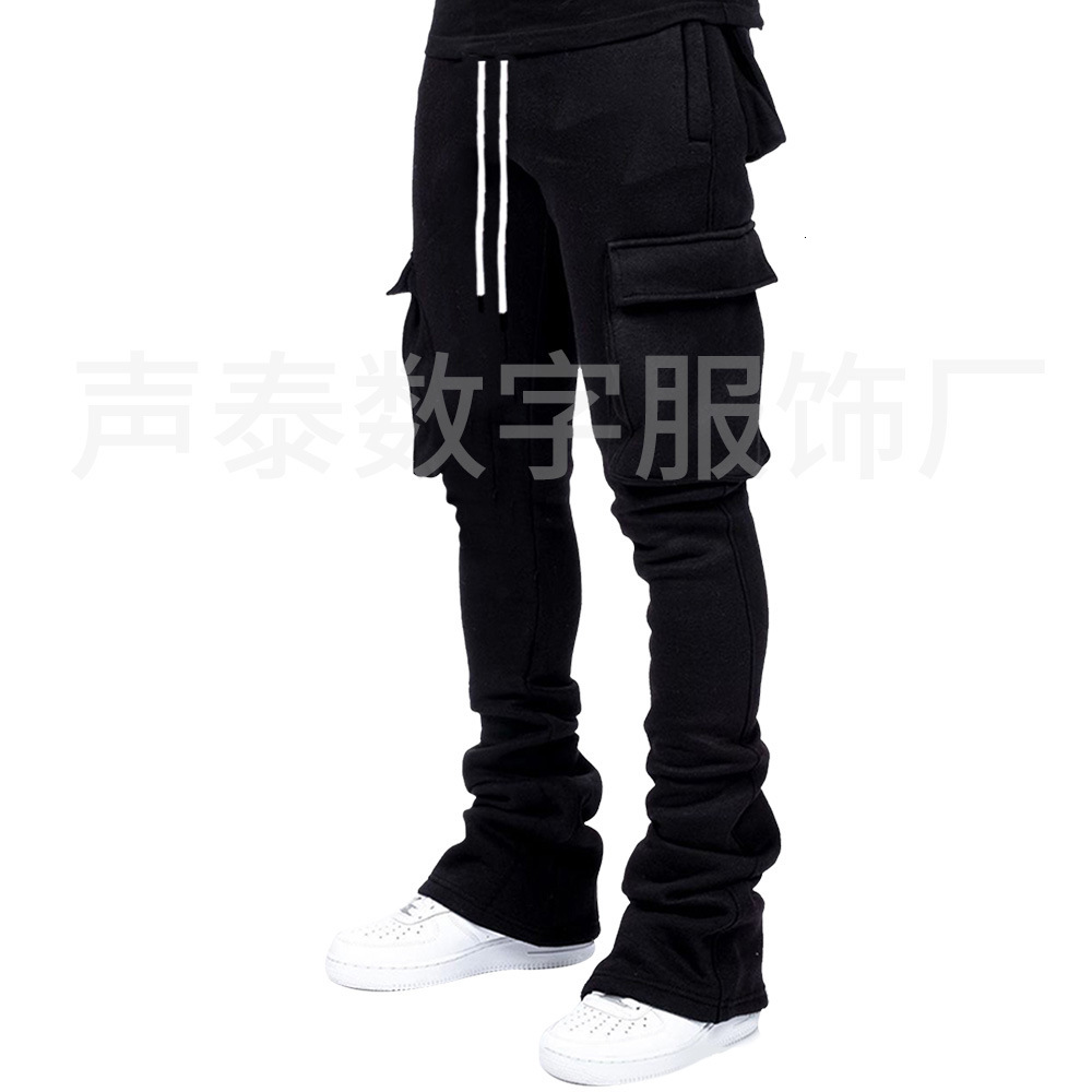 european and american autumn and winter men's solid color casual with velvet pocket sweatpants american trendy street dance set hip hop pile pant