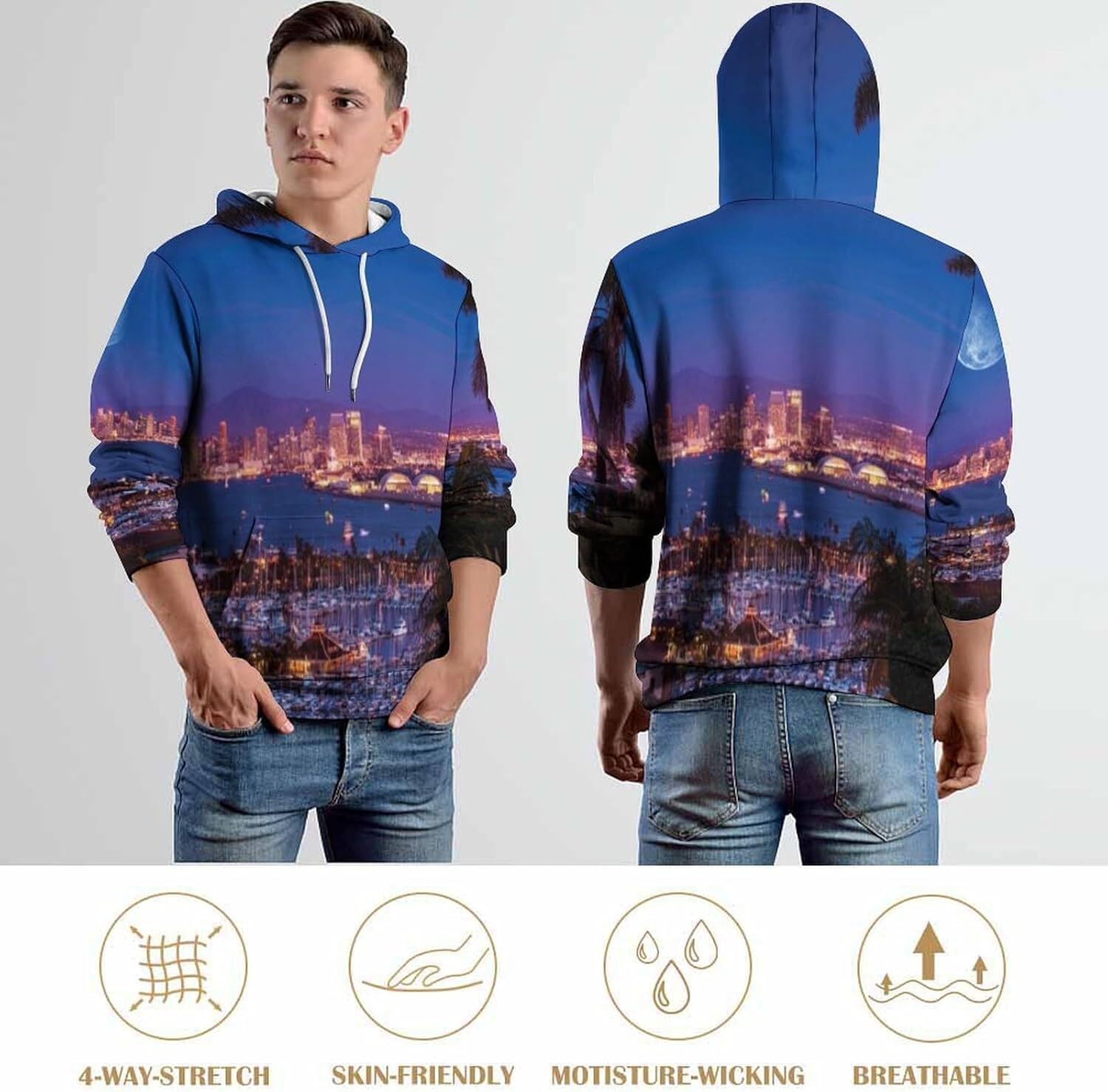 Hoodie for Mens Womens Mens Unisex Novelty Hoodies Modern Madrid Streets with Sky Landscape Big Old Town Heritage Hooded Sweatshirt Graphic Hoodies sw