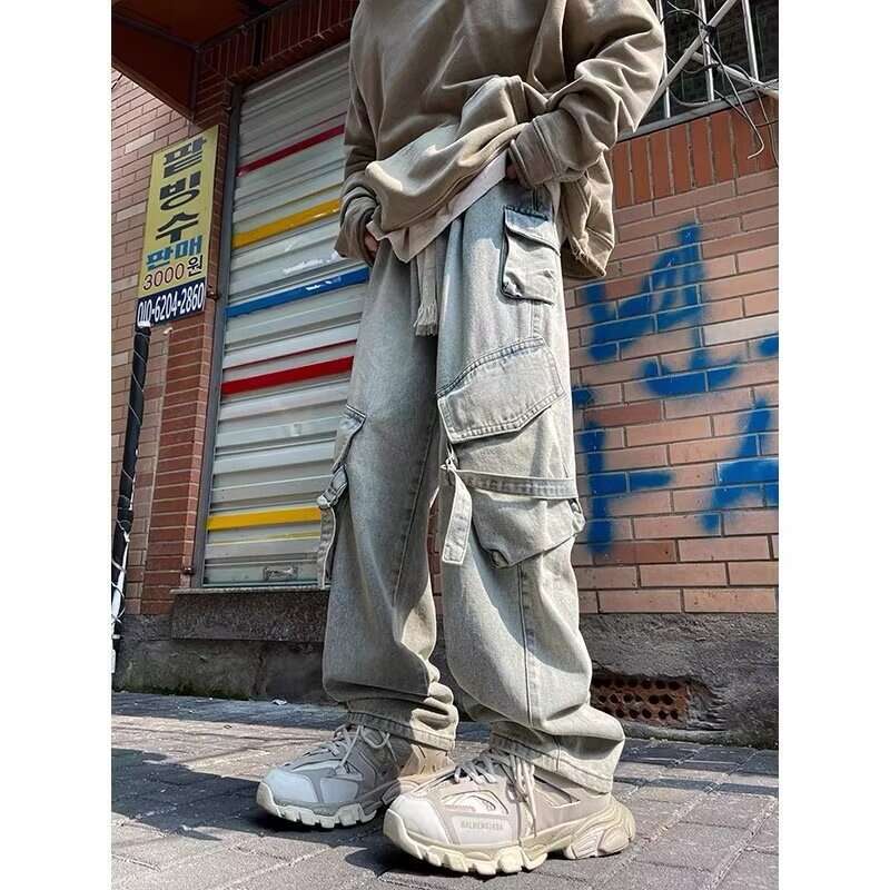 American High Street Multi Pocket Workwear Jeans For Men In Autumn And Winter, Oversized Loose Straight Leg Wide Leg Men's Pants, Trendy Men'