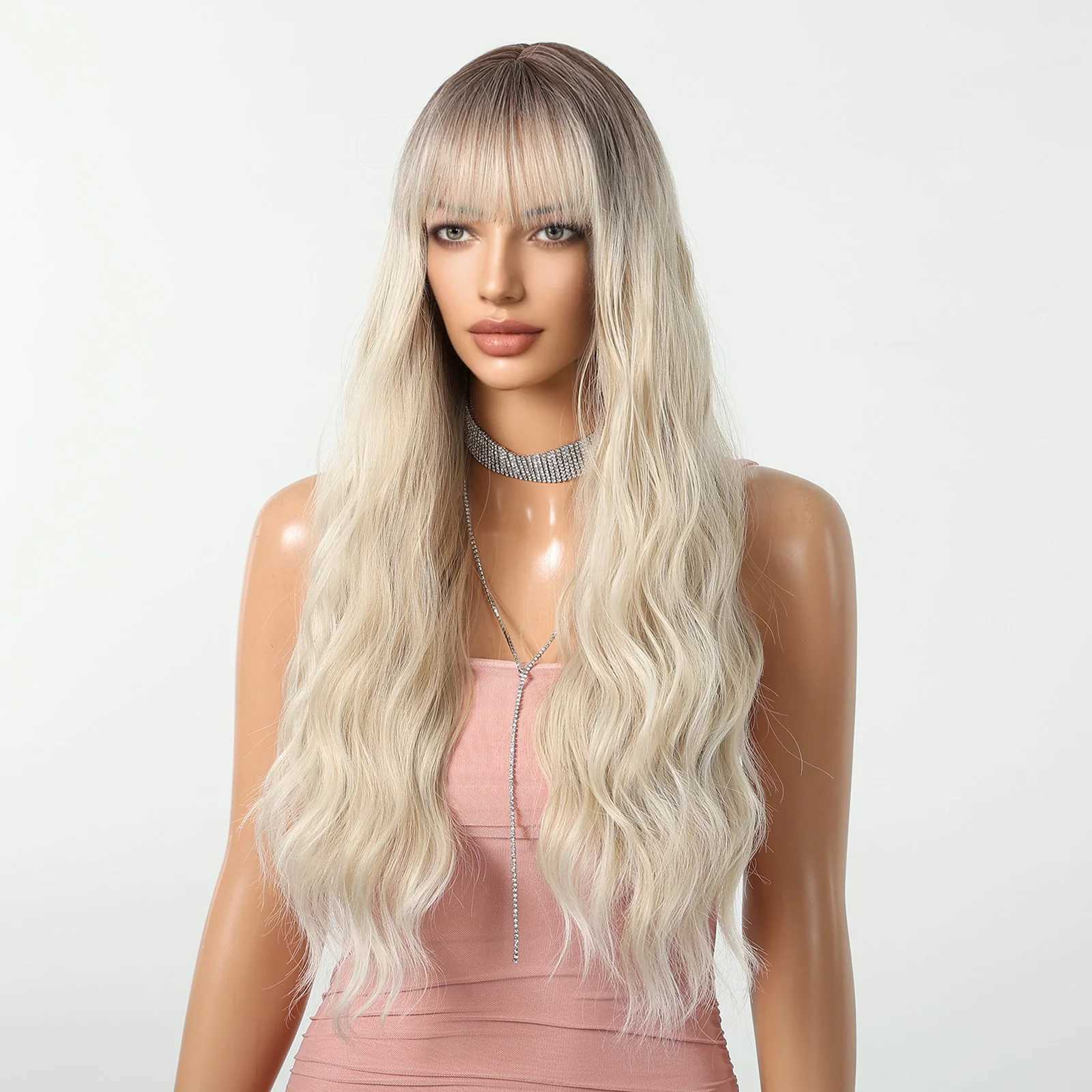 HENRY MARGU Platinum Blonde Synthetic Wigs Long Water Wavy Wig with Bangs Ombre Dark Roots Blonde Hair Heat Resistant Daily WigXJ241008