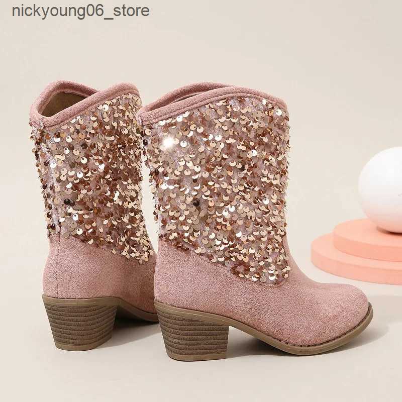 Boots Girls Boots Autumn Winter Toddler Kids Princess Party Fashion Middle Calf Boots Children Brand High Heel Glitter Soft Sole Shoes L240910