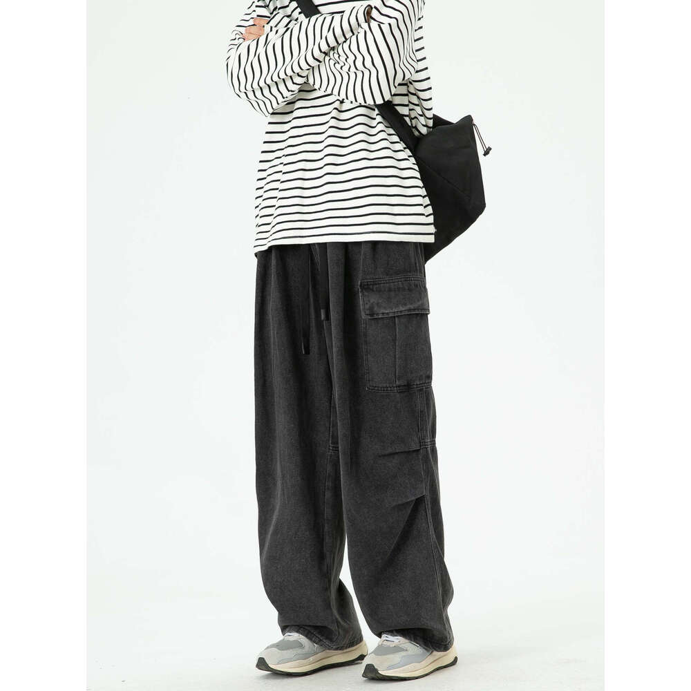 Workwear Jeans Men's Autumn American Retro Washed Pleated Design, Niche Loose Straight Leg Casual Long Pants