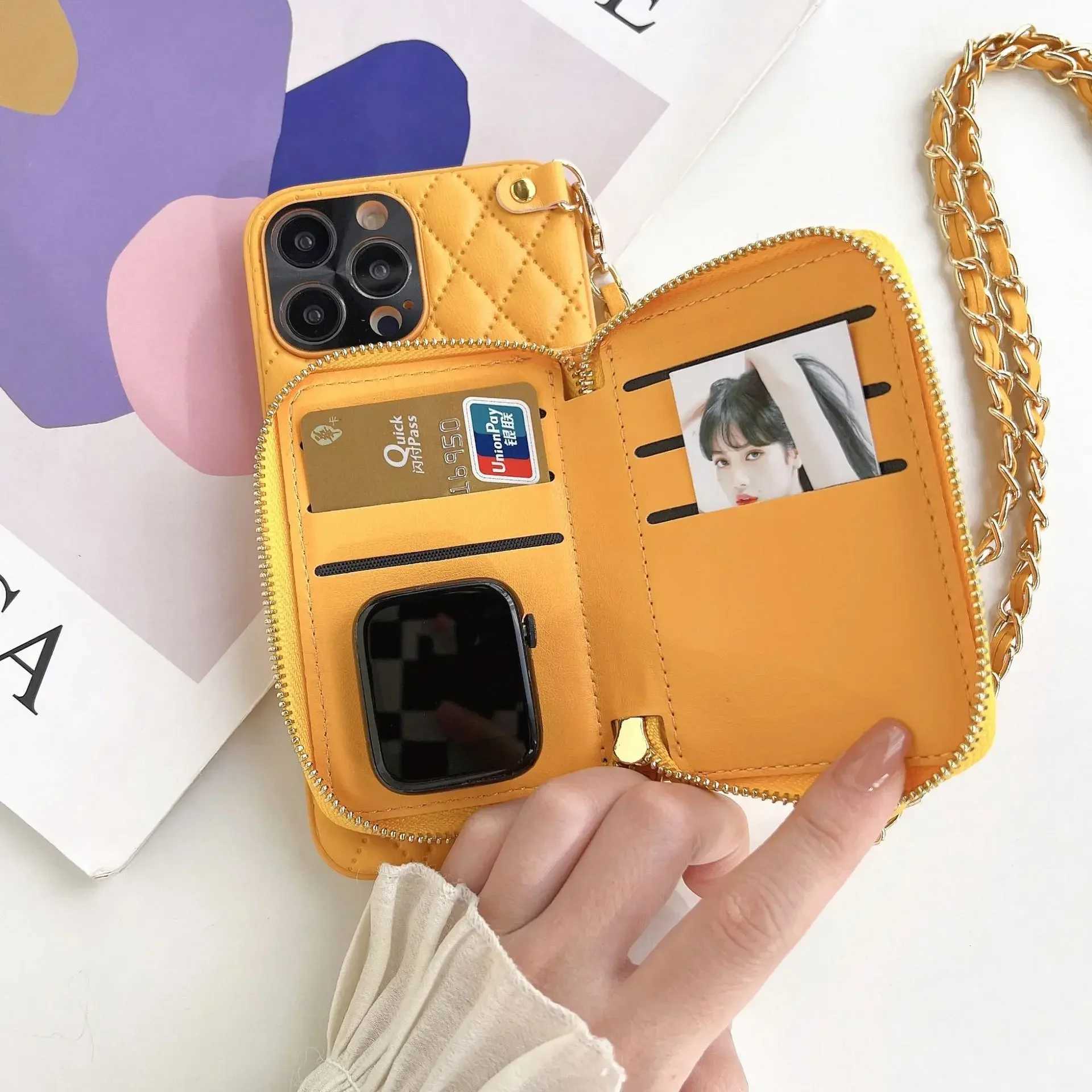Designer Phone Case Crossbody Tether Phone Case Suitable for iPhone 16 15 14 13 12 11 Pro Max Zipper Wallet Card Slot Bracket Chain PU Leather Cover M