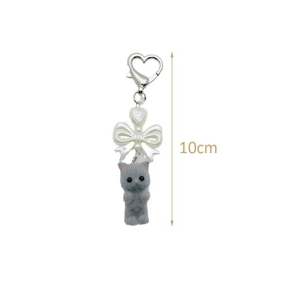 Kawaii 10cm Bow Keychain Fuzzy Kitten Doll Plush Bear Keyring Pearl Kitty Cat Backpack Pendant WomenX241008