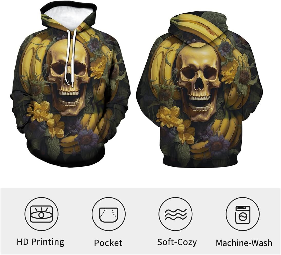 Hoodie for Mens Womens Mens Novelty Banana Skull Hoodies Adult Hip Hop Long Sleeve Sweatshirt Hoodie Pocket Graphic Hoodies sweatshirt Pullover Long S