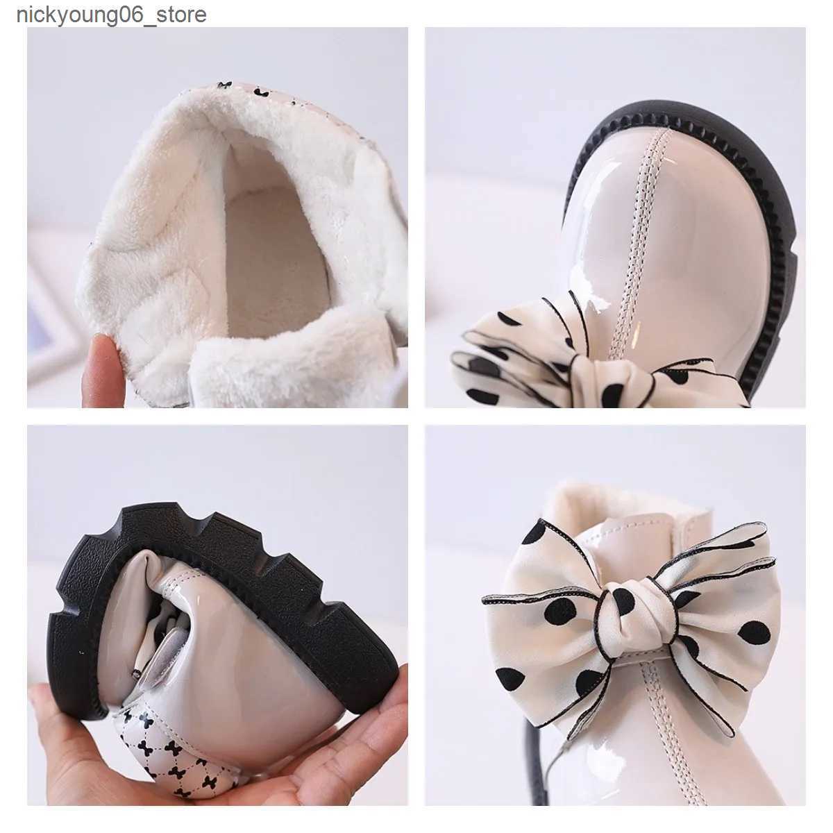 Boots Bow Design Girl Leather Boots for Kids Autumn Winter Plus Cotton Warm Snow Boots Waterproof Non-slip Princess Short Ankle Boots L240910