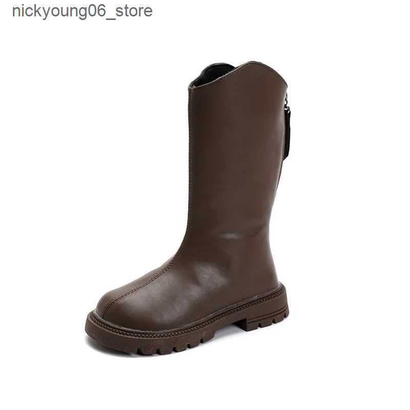 Boots New Girls Mid-Calf Boots Black Brown Versatile Children Leather Boots Classic Simple Kids Causal Catwalk Boots Fashion Non-slip L240910