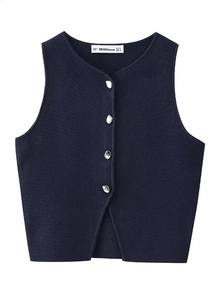 Chic Lady Spring Summer Casual Sleeveless Knitted Short Blue Tops Girls Fashion Irregular Buttons Elastic Cardigans Vest 240924