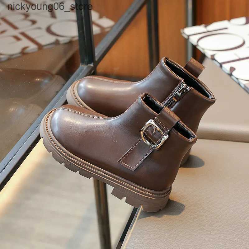 Boots Autumn Winter New 2023 Kids Vintage Leather Boots Girls Waterproof Non-slip Cotton Warm Zipper Princess Ankle Boots Casual Shoes L240910