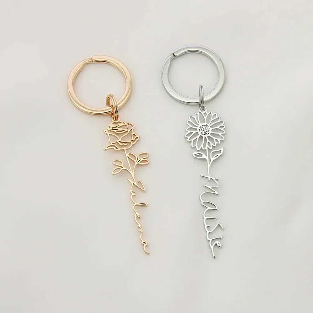 Custom Name Birth Flower Keychain Dainty Personalized Stainless Steel Keyring Fashion Jewelry Christmas Birthday GiftX241008