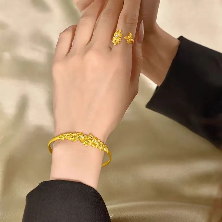 AU999 Gold Flower Bracelet Ring Set High end Inlaid Pearl Bracelet 24K Pure Gold Womens Fashion Temperature Jewelry 240924