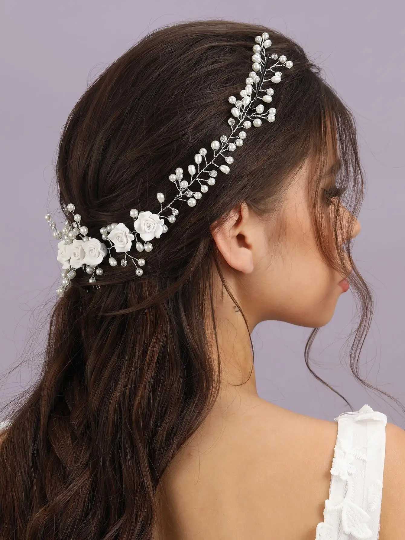 Handmade silver pearl wedding hair comb bridal floral headdress female bridal hair decoration jewelry W241007