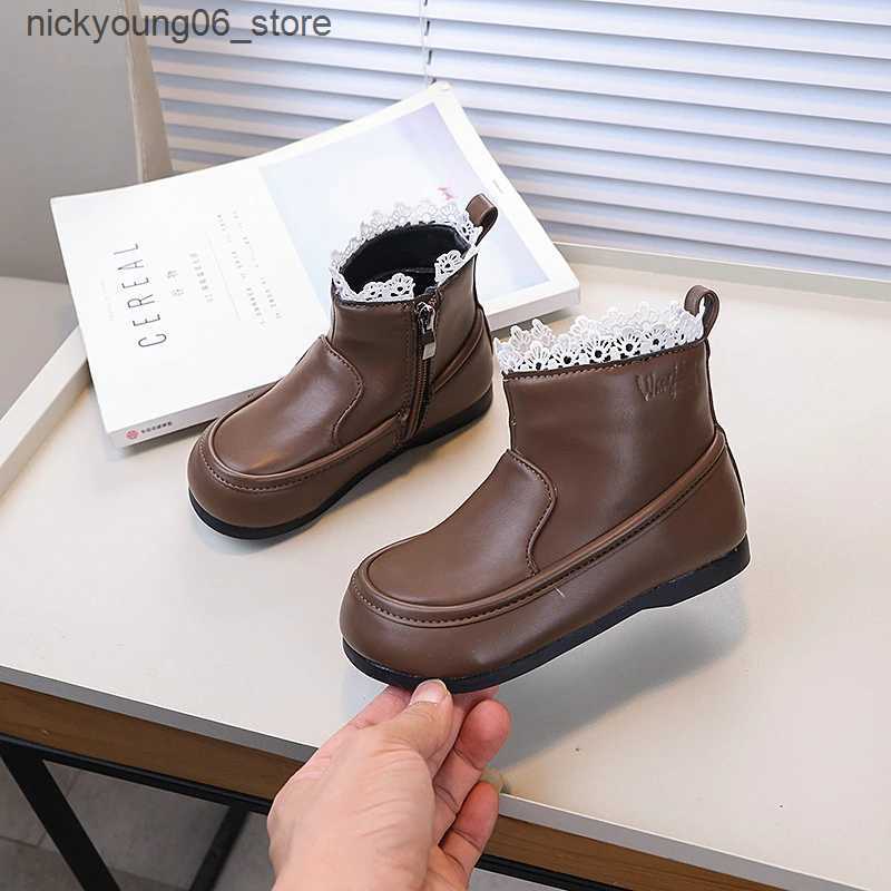 Boots Girls Ankle Boot Ruffled Edge Sweet Children Princess Black Boots Fashion Versatile Kids Elegant Short Leather Boots Non-slip L240910