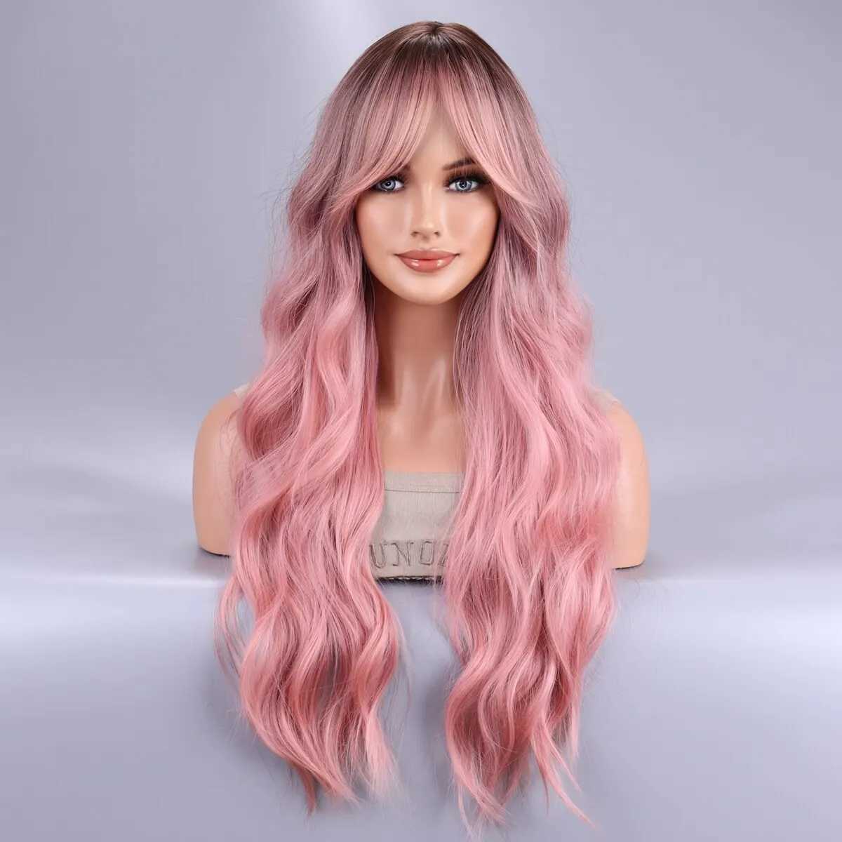 Long Body Wave Ombre Black Pink Cosplay Wigs Heat Resistant Synthetic Wigs Middle Part Natural Lolita Wigs For WomenXJ241008