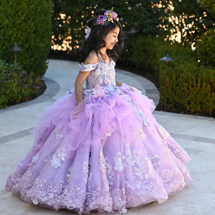 Off The Shoulder Princess wer Girls Dresses For Wedding 3D ral Lace Appliques Lanvender Brithday Party Kids Formal Wear Toddler Long Pageant